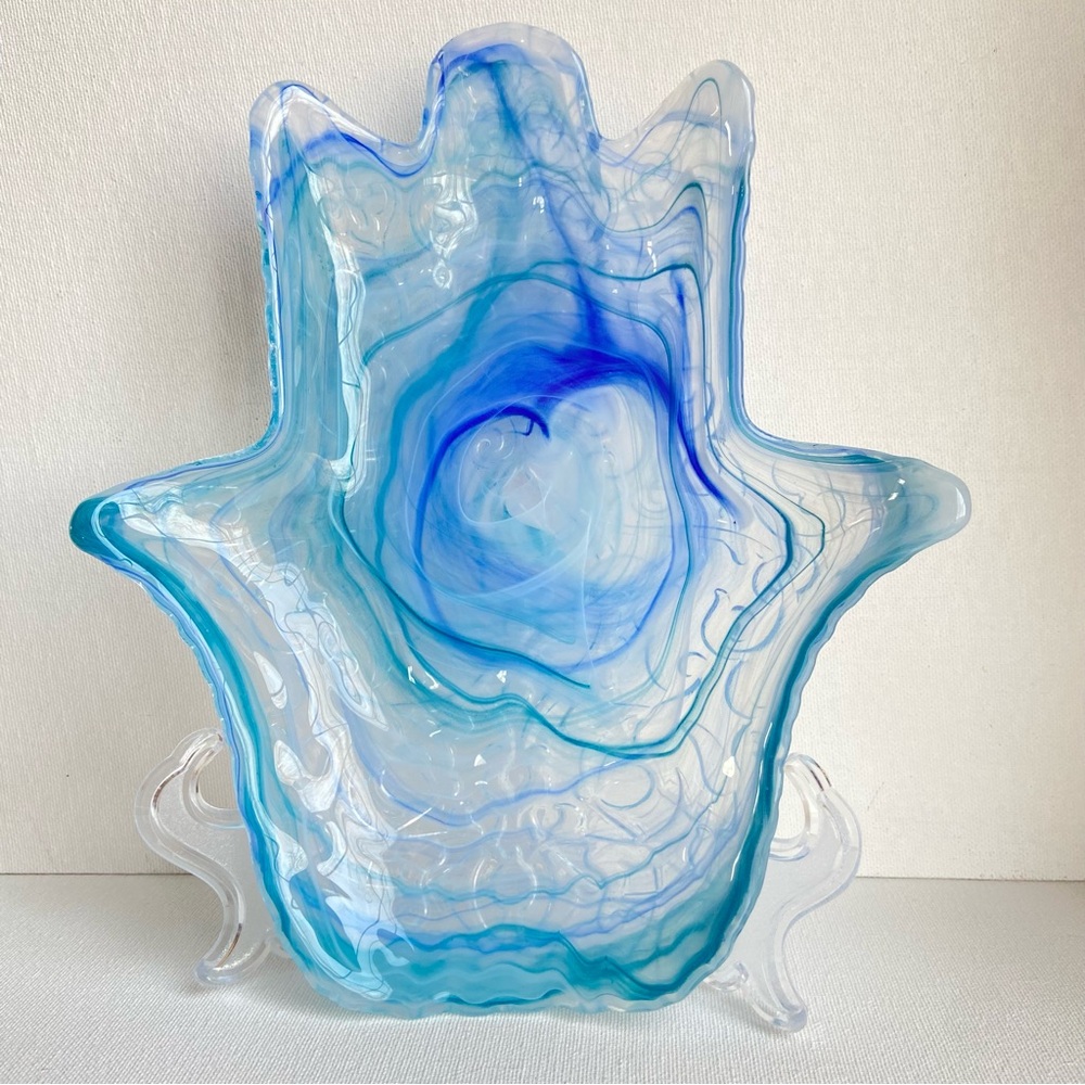 Art Glass hamsa hand dish with aqua blue swirls and textured back pattern 9 inch